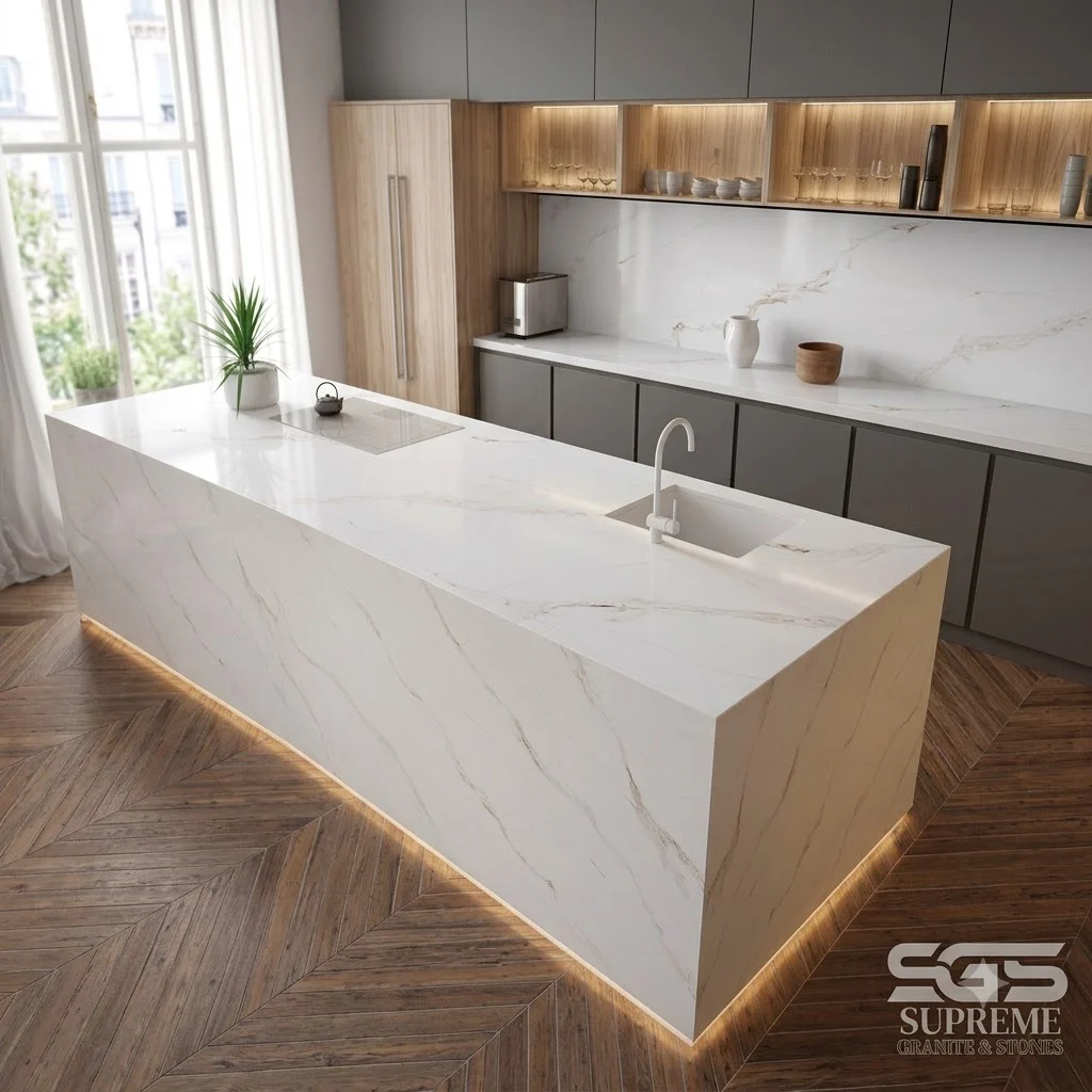 Contemporary kitchen featuring a waterfall island and countertops made from Lavize Quartz with elegant marble-inspired grey and gold veining, perfect for luxury kitchens, breakfast islands, backsplashes, and modern interiors.