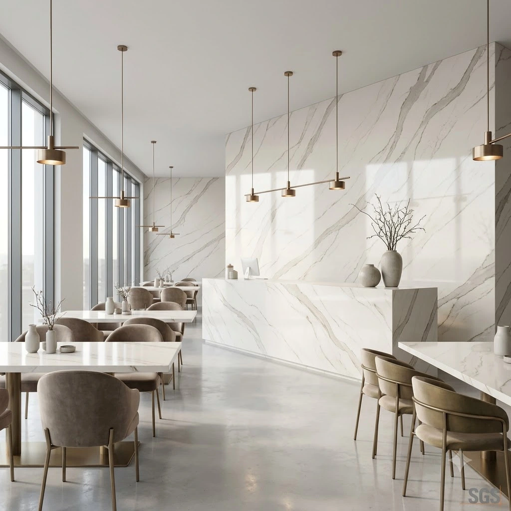 Luxury commercial interior featuring Lavize Quartz on reception counters, dining tables, and full-height wall cladding with elegant white marble-look veining, delivering a premium, durable, and low-maintenance engineered quartz surface.