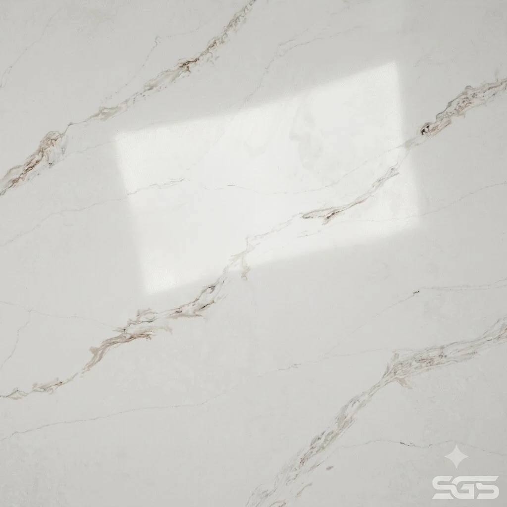 Close-up texture of Lavize Quartz showcasing a polished white engineered quartz surface with delicate flowing grey and warm gold marble-inspired veining, suitable for countertops, vanity tops, wall cladding, and luxury interior applications.