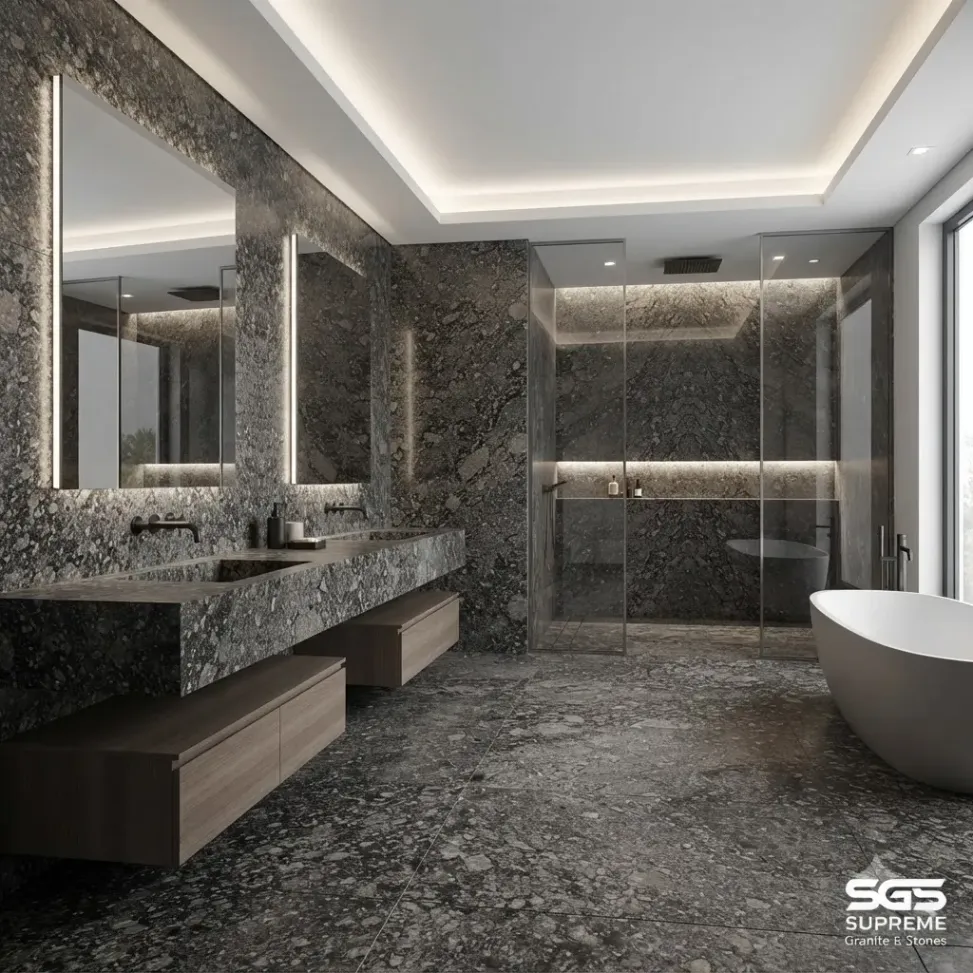 Luxury bathroom featuring Majestic Black Granite vanity countertops, wall cladding, and flooring with a dramatic black and grey mineral pattern.