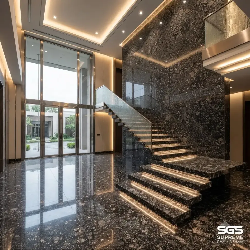 Luxury entrance featuring Majestic Black Granite staircase treads, flooring, and a full-height feature wall with integrated lighting.