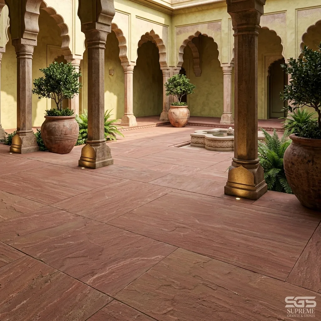 Elegant courtyard finished with Mandana Red Kota Stone flooring, featuring durable natural red sandstone suitable for patios, courtyards, heritage architecture, resorts, and outdoor living spaces.