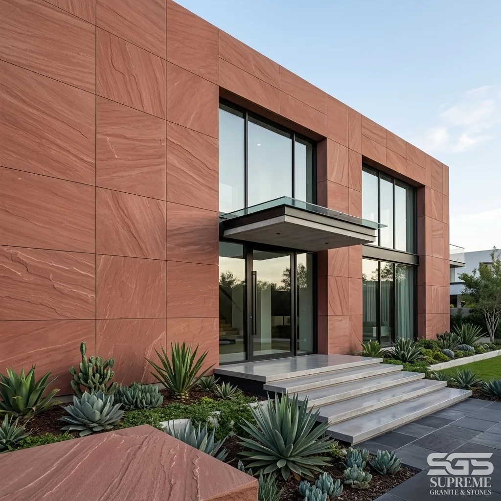 Modern building façade finished with Mandana Red Kota Stone wall cladding, showcasing rich natural red sandstone for exterior elevations, architectural facades, villas, and commercial buildings.