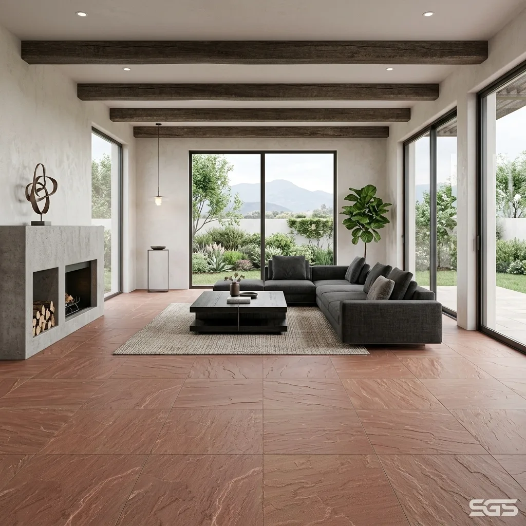 Modern living room featuring Mandana Red Kota Stone flooring with warm natural red sandstone texture, ideal for residential interiors, villas, courtyards, and premium architectural flooring.