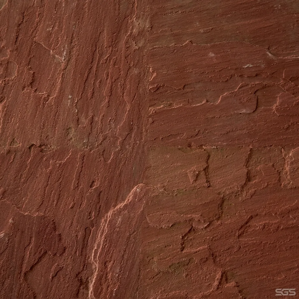 Close-up texture of Mandana Red Kota Stone showing its rich terracotta-red color, natural layered patterns, and durable non-slip sandstone finish for indoor and outdoor applications.