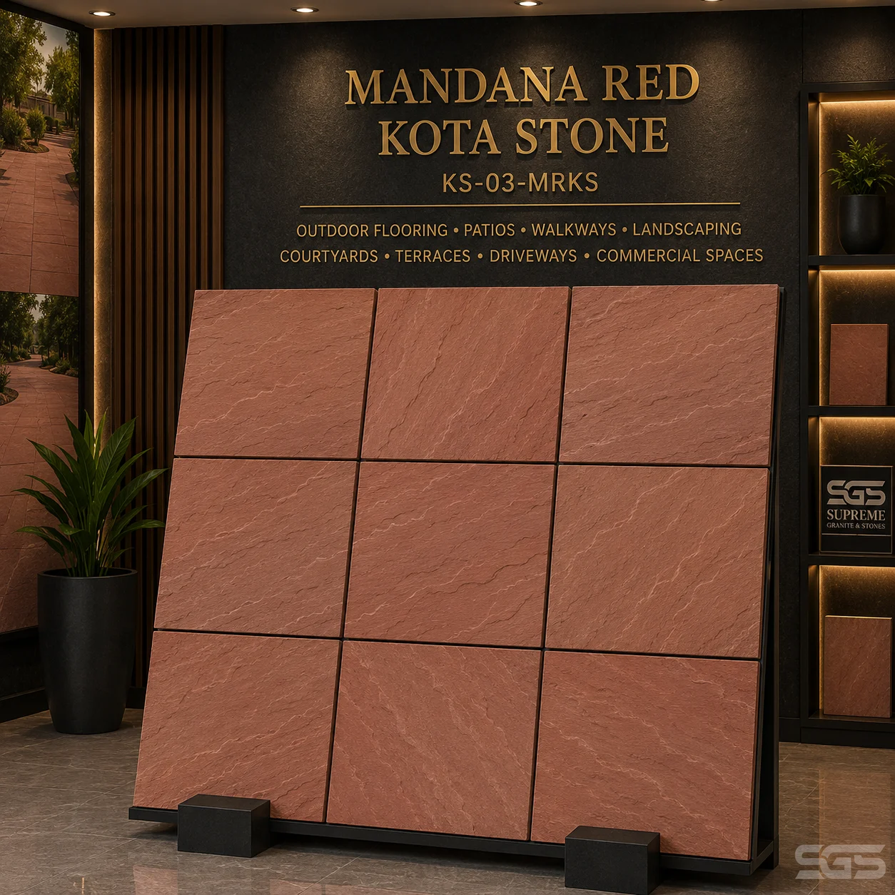 Display of Mandana Red Kota Stone tiles featuring premium natural red sandstone from Rajasthan, ideal for outdoor flooring, patios, walkways, landscaping, driveways, courtyards, and commercial spaces.