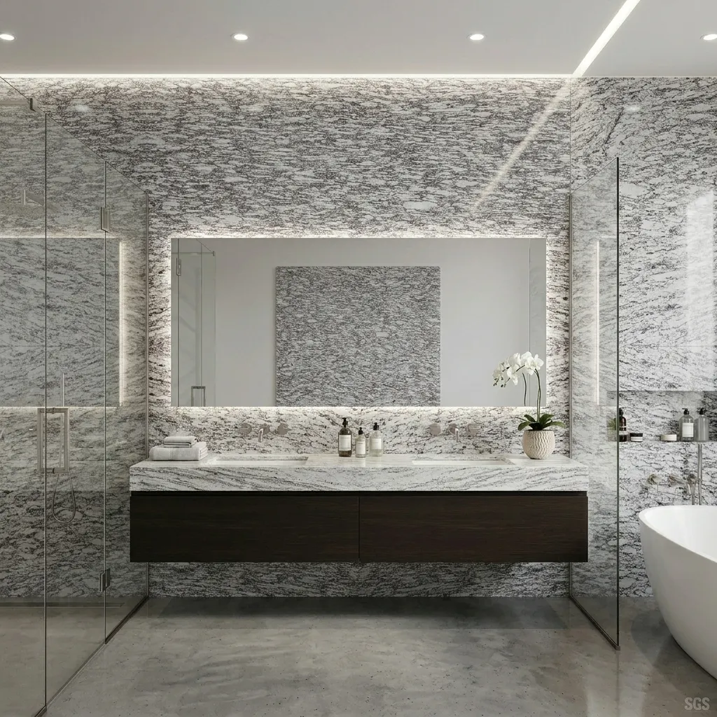 luxury bathroom featuring Mariam White Granite wall cladding, vanity countertops, shower walls, and premium architectural finishes