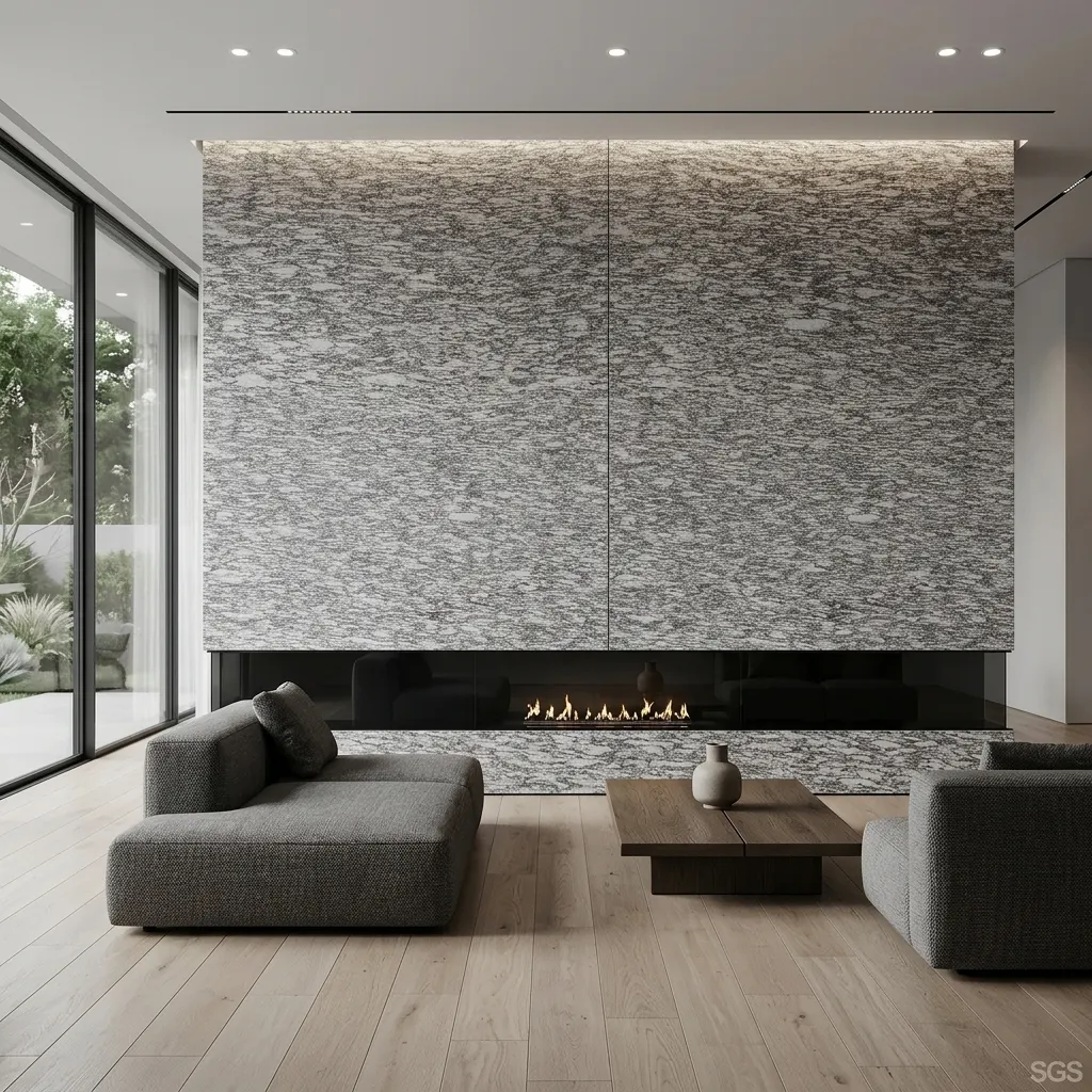 luxury living room featuring Mariam White Granite wall cladding with elegant grey veining and a modern linear fireplace design