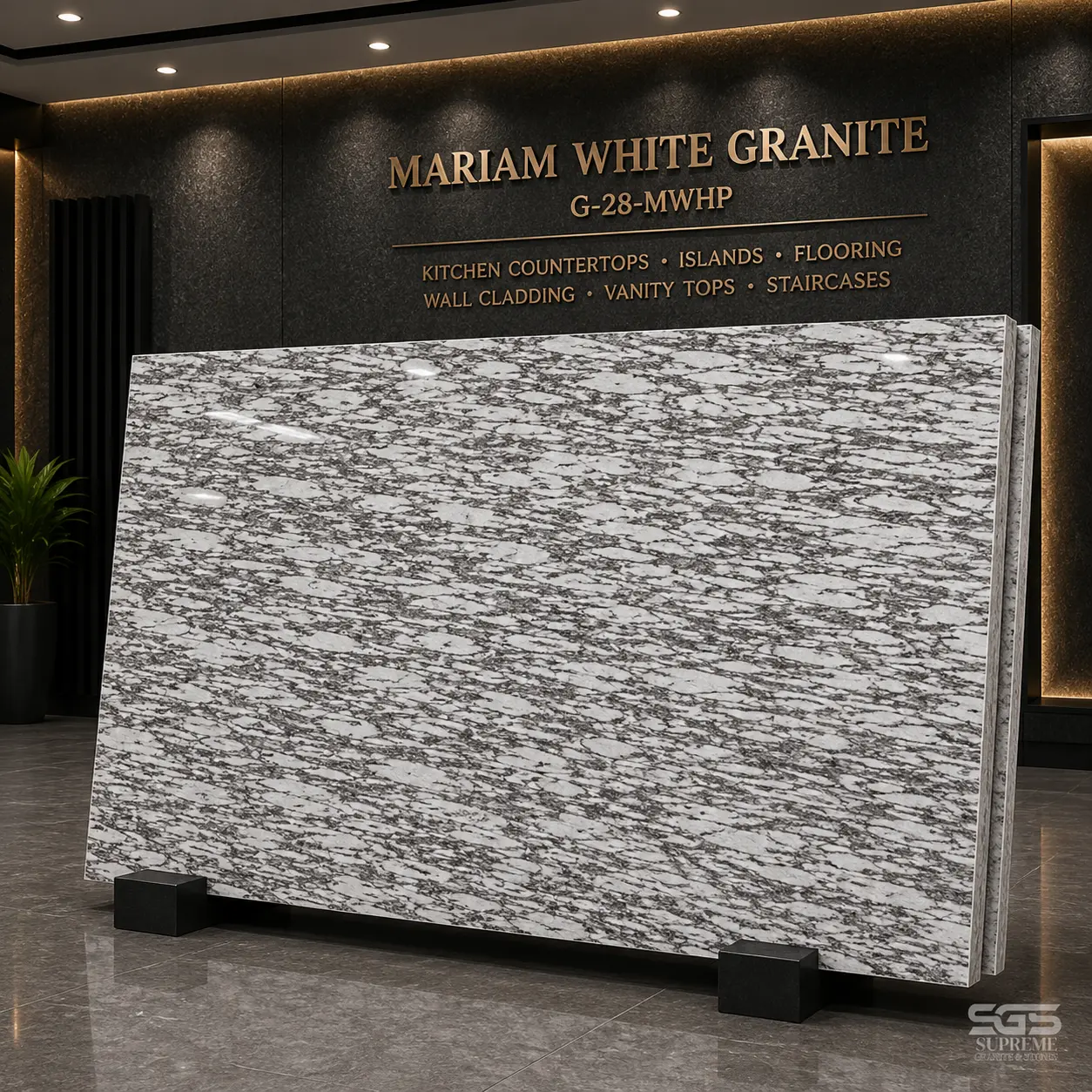 Mariam White Granite slab showcasing elegant white and grey veining, ideal for countertops, flooring, wall cladding, and staircases