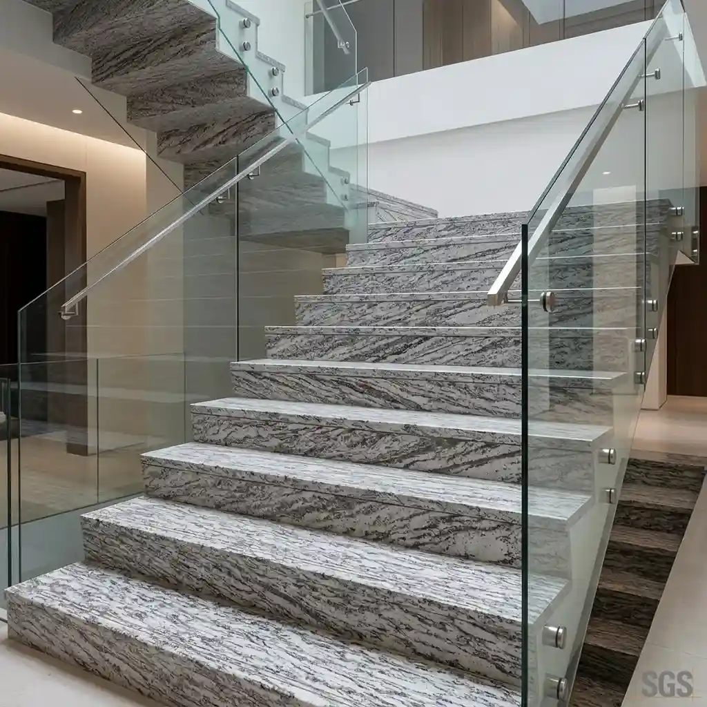 modern staircase crafted with Mariam White Granite steps showcasing distinctive grey veining and contemporary glass railings