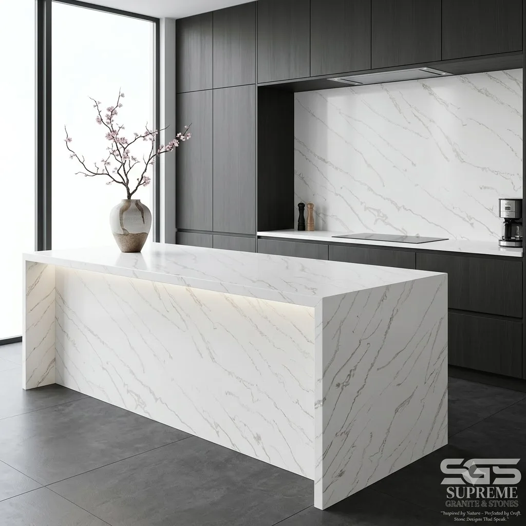 Modern kitchen featuring Wonder Cosmic White Quartz waterfall island and matching backsplash with elegant white engineered quartz and soft grey flowing veining, designed for contemporary luxury kitchens.