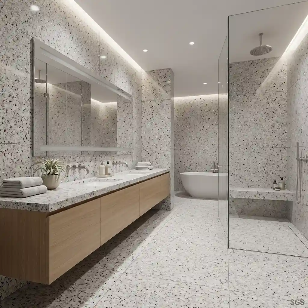 luxury bathroom finished with Moon White Granite flooring, wall cladding, vanity surfaces, and seamless modern architectural detailing
