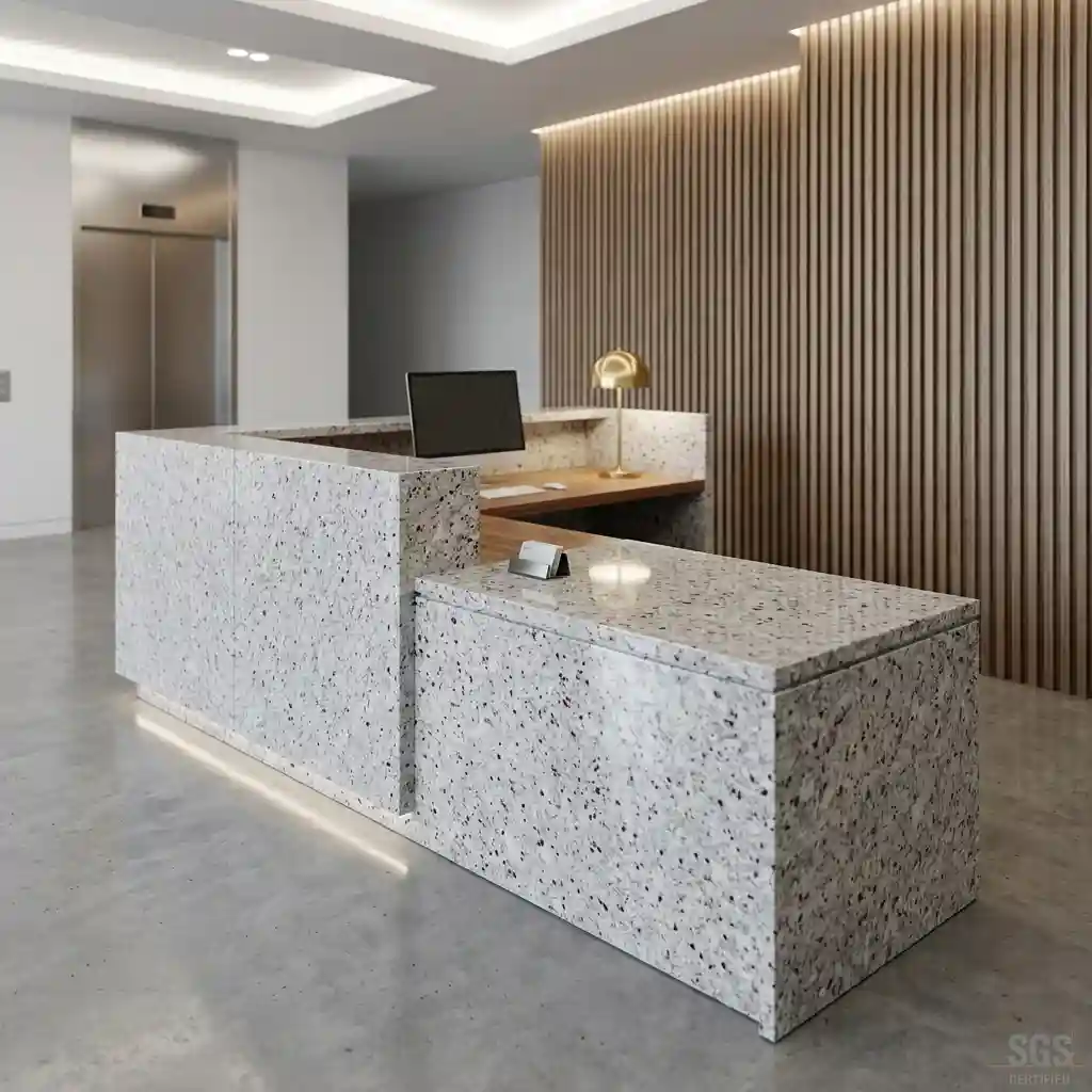 modern commercial reception desk crafted with Moon White Granite featuring a bright white background and elegant grey mineral pattern