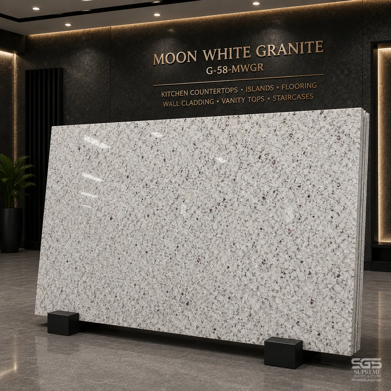 Moon White Granite slab showcasing a bright white surface with grey crystalline textures and burgundy mineral speckles in a granite showroom