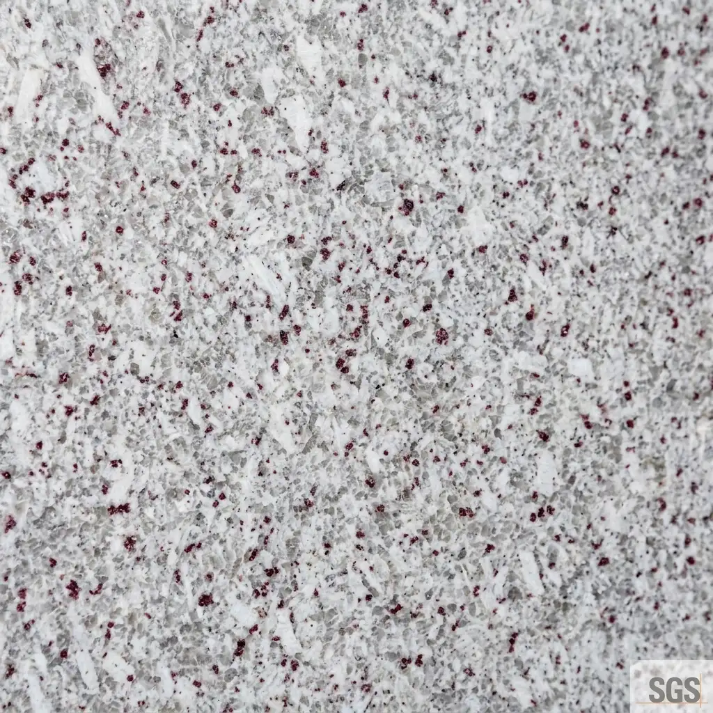 close-up view of Moon White Granite displaying white feldspar crystals, grey mineral patterns, and distinctive burgundy speckles