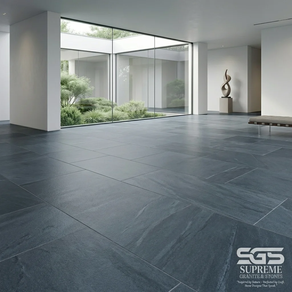 Modern minimalist interior featuring Natural Blue Kota Stone flooring with elegant blue-grey limestone texture, ideal for luxury residences, apartments, hotels, offices, commercial interiors, and contemporary architecture.