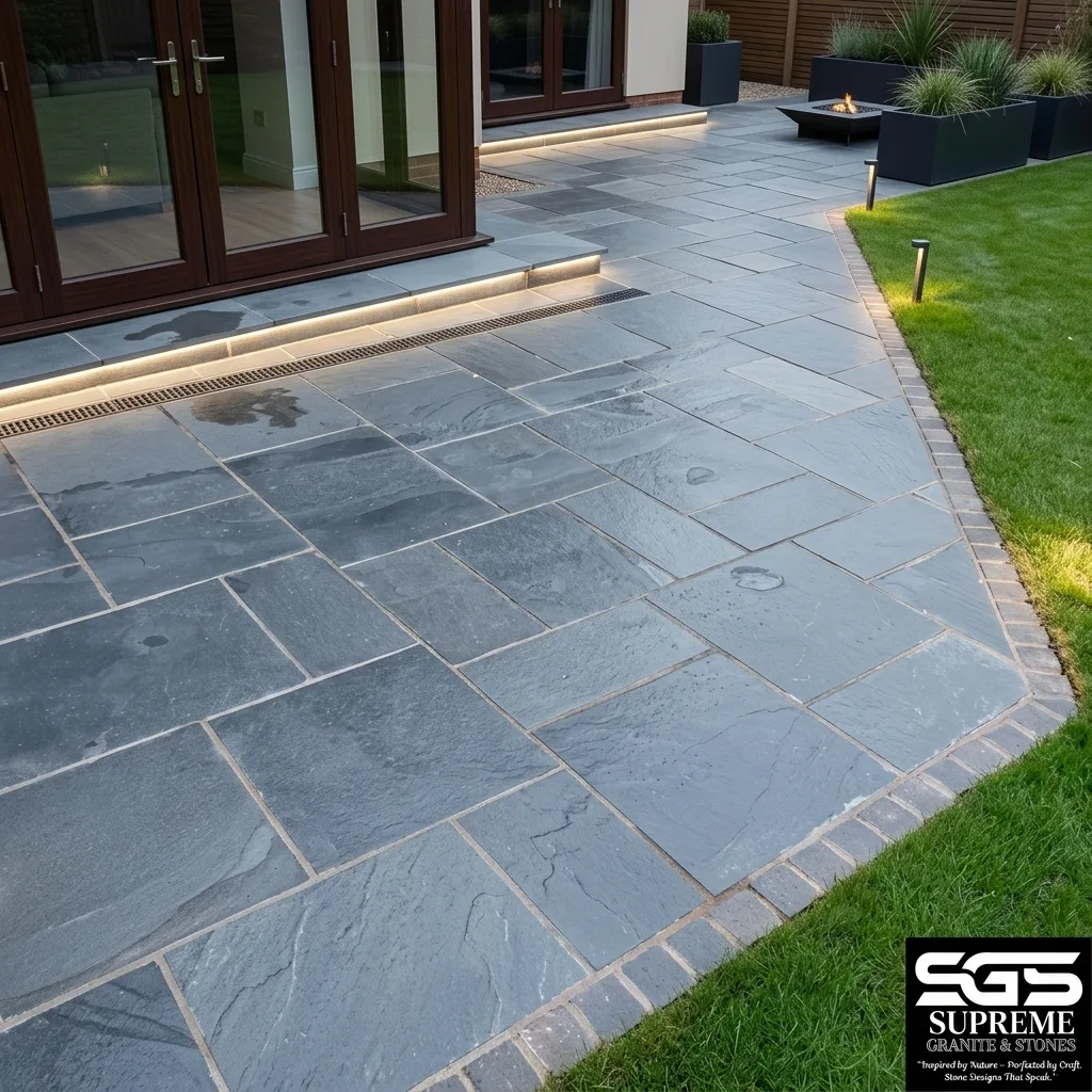 Residential outdoor walkway paved with Natural Blue Kota Stone featuring durable blue limestone, perfect for garden paths, patios, driveways, courtyards, terraces, and landscape paving.