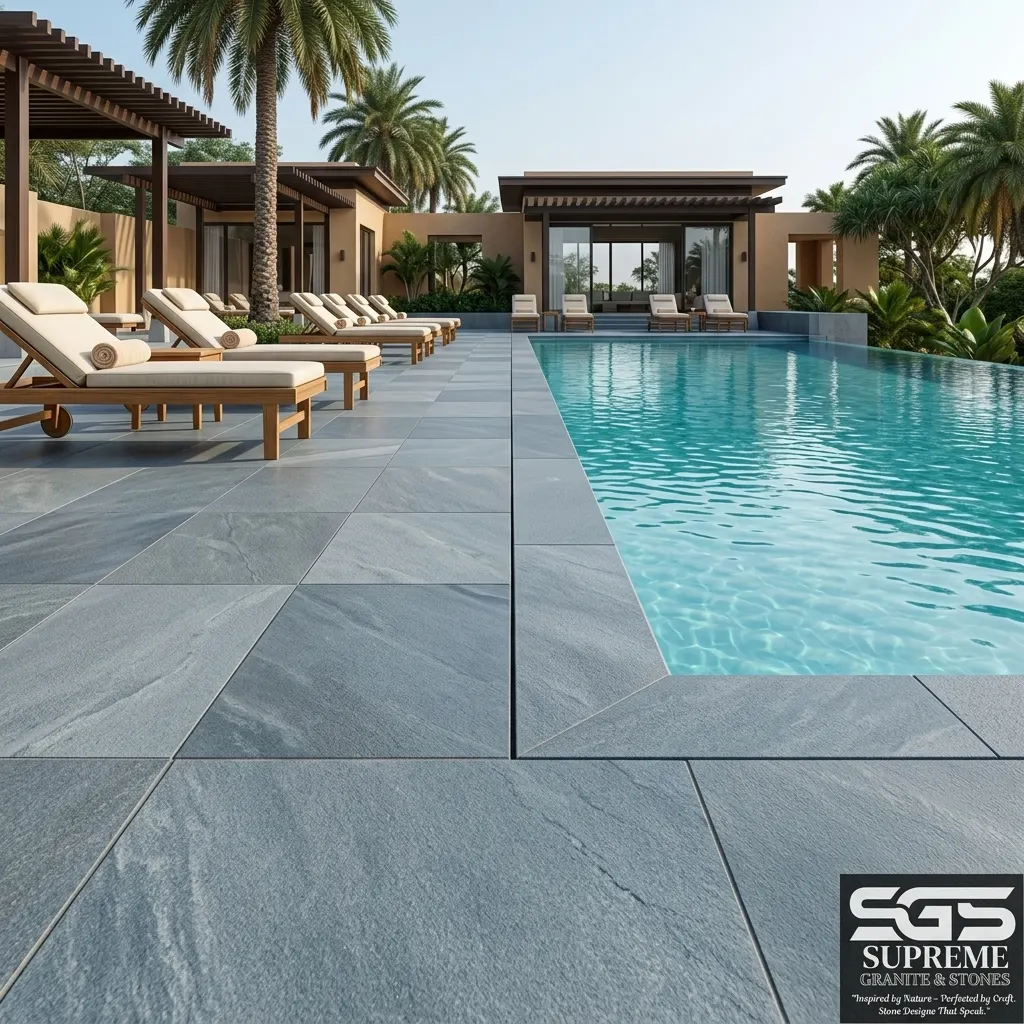 Luxury swimming pool deck finished with Natural Blue Kota Stone featuring durable blue limestone with a naturally textured non-slip surface, ideal for pool surrounds, resorts, patios, villas, and outdoor living spaces.