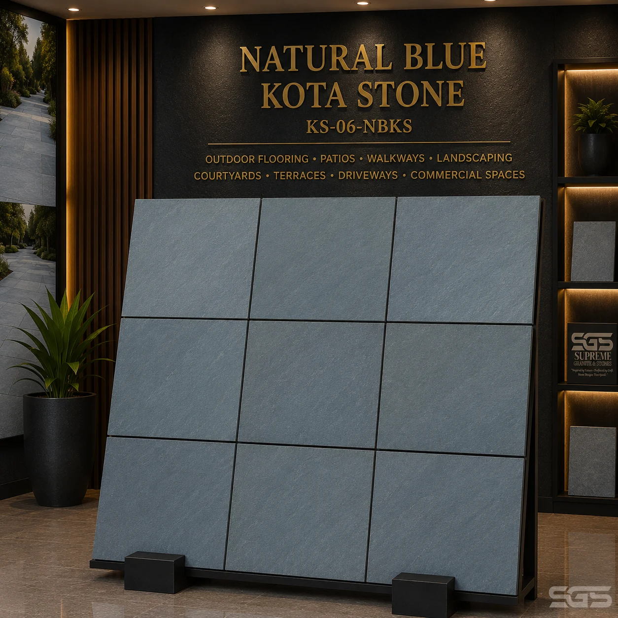 Display of Natural Blue Kota Stone tiles showcasing premium blue limestone from Rajasthan, suitable for outdoor flooring, patios, walkways, landscaping, courtyards, terraces, driveways, and commercial spaces.