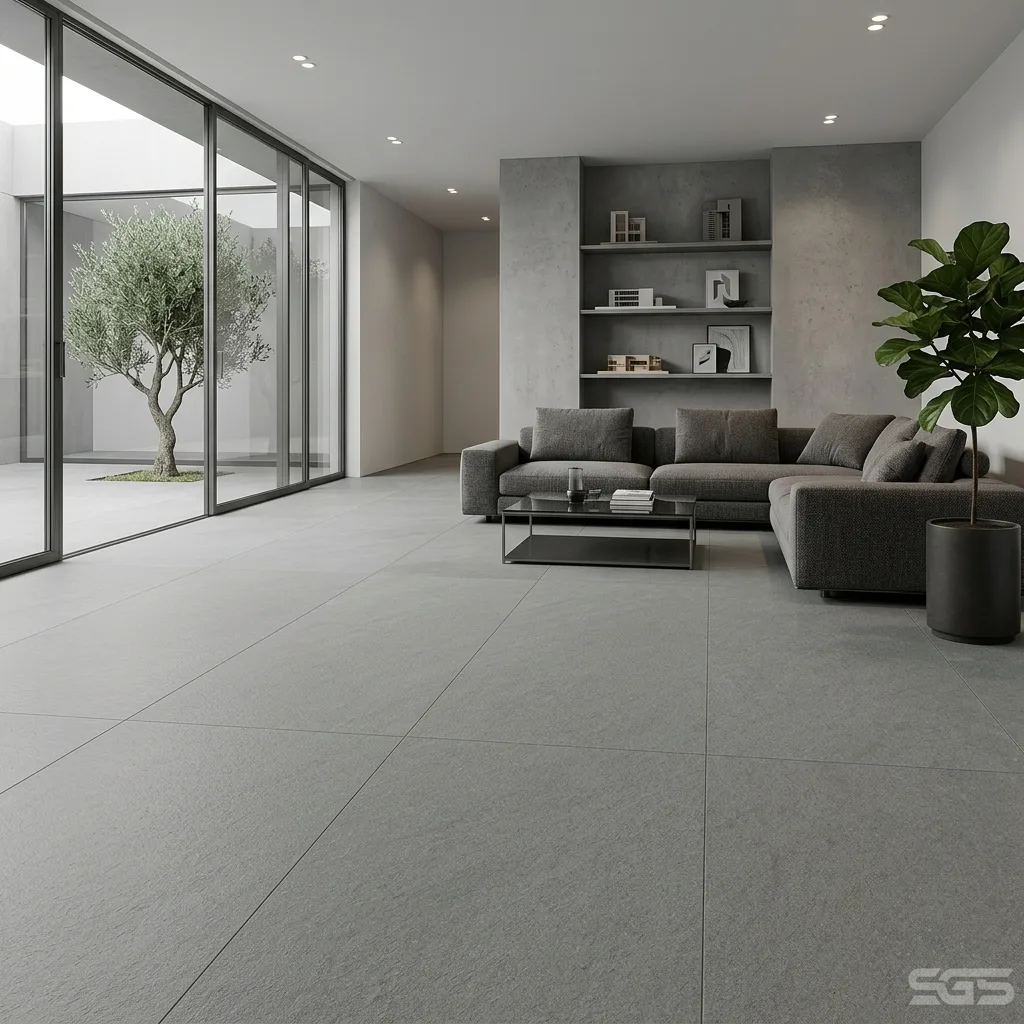 Modern minimalist living room featuring Natural Grey Kota Stone flooring with a natural grey textured surface, ideal for luxury homes, villas, apartments, commercial interiors, and contemporary architectural spaces.