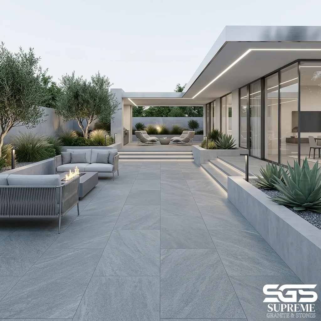 Luxury outdoor patio finished with Natural Grey Kota Stone flooring featuring durable natural grey limestone, ideal for patios, terraces, outdoor seating areas, courtyards, and landscape architecture.