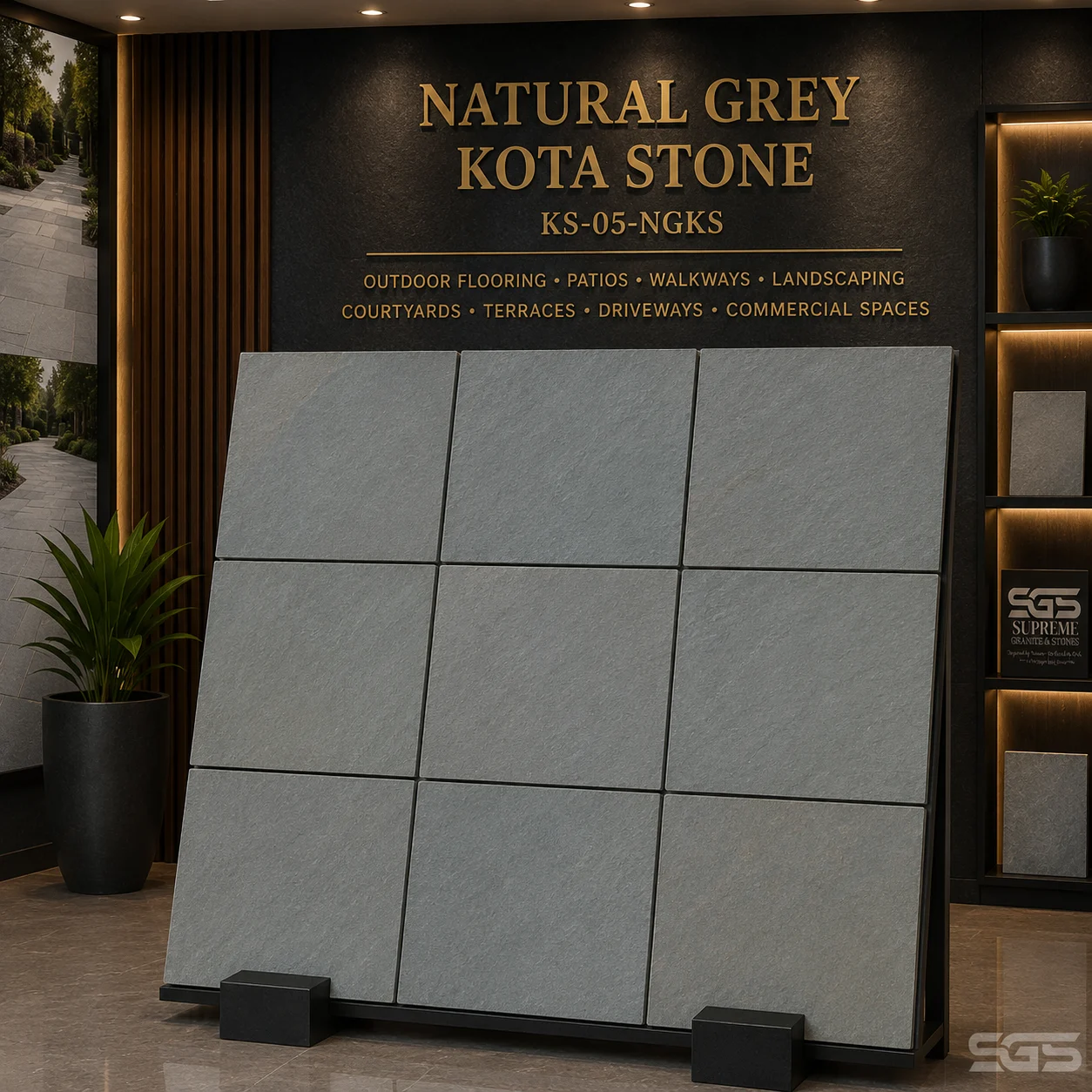 Display of Natural Grey Kota Stone tiles showcasing premium natural grey limestone from Rajasthan, suitable for outdoor flooring, patios, walkways, landscaping, courtyards, terraces, driveways, and commercial spaces.
