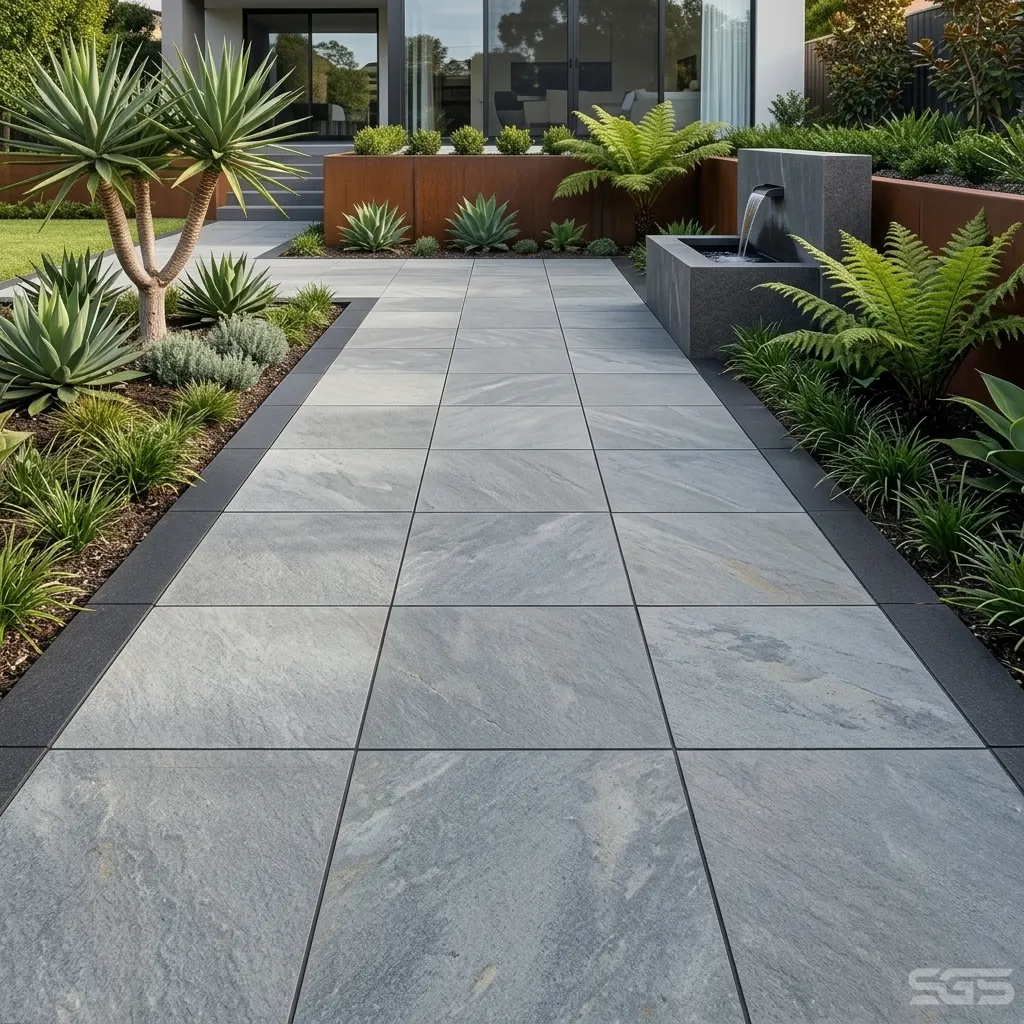 Modern landscaped garden pathway paved with Natural Grey Kota Stone, featuring durable non-slip grey limestone ideal for walkways, garden paths, patios, courtyards, and commercial landscape projects.