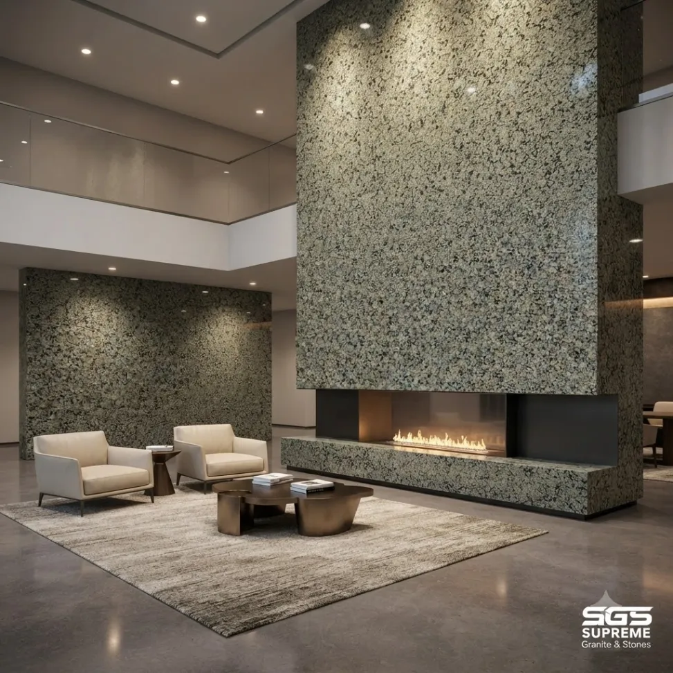Contemporary living room featuring a Nousra Green Granite fireplace surround and feature wall, showcasing the stone's distinctive green-grey mineral grains in a modern luxury interior.