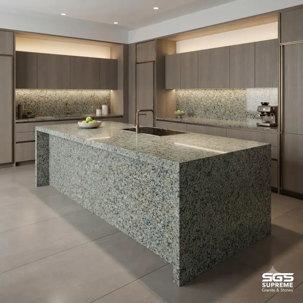 Modern kitchen featuring a Nousra Green Granite island countertop with a dense green-grey speckled pattern, complemented by contemporary cabinetry and a matching granite backsplash.