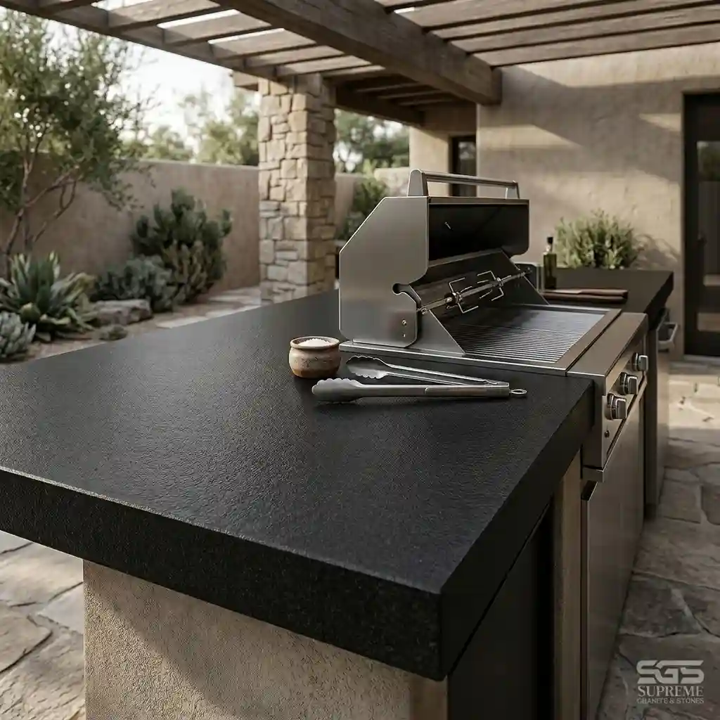 jet black granite leather finish outdoor kitchen countertop durable matte stone