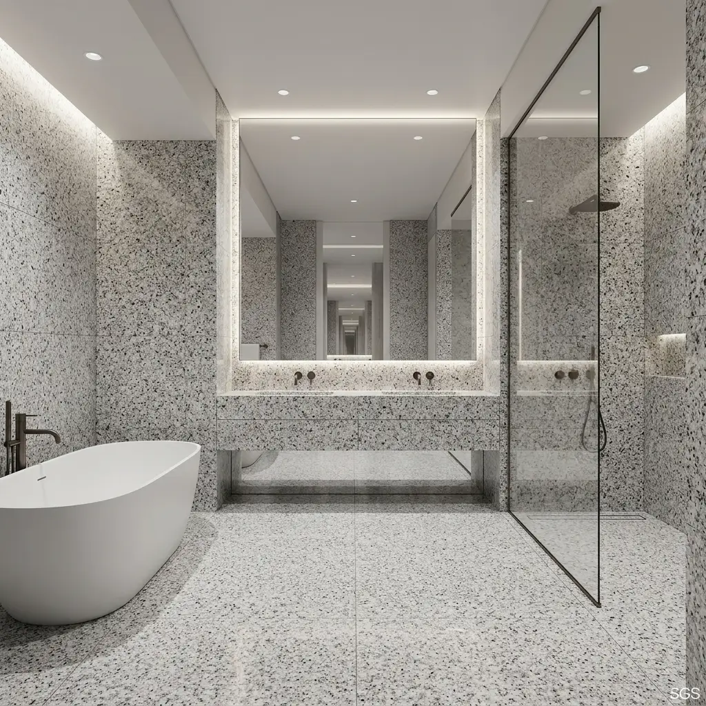 luxury bathroom designed with P White Granite flooring, wall cladding, vanity countertops, and shower walls in a contemporary setting