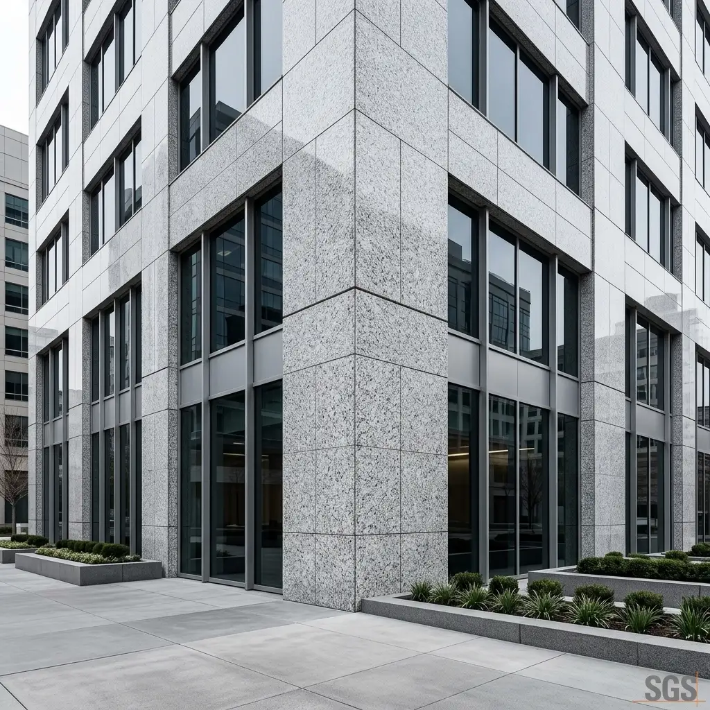 commercial building facade finished with P White Granite exterior wall cladding showcasing durability and modern architectural appeal