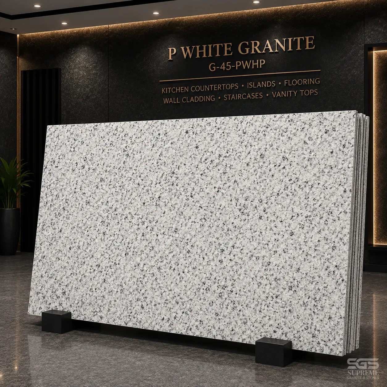 P White Granite slab featuring a bright white background with evenly distributed black and grey speckles for countertops, flooring, and wall cladding