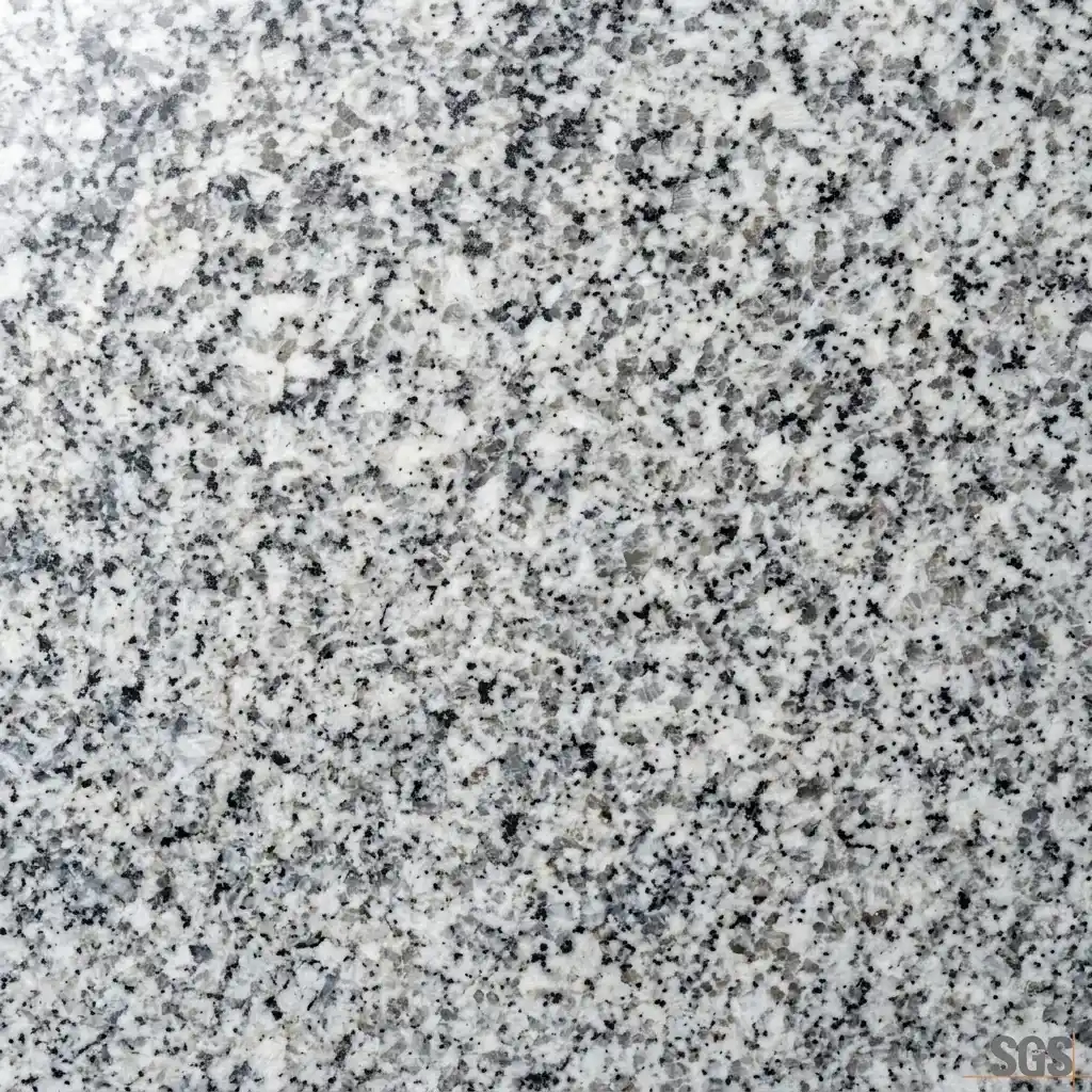close-up texture of P White Granite displaying a clean white base with fine black and grey mineral speckling and natural crystalline structure