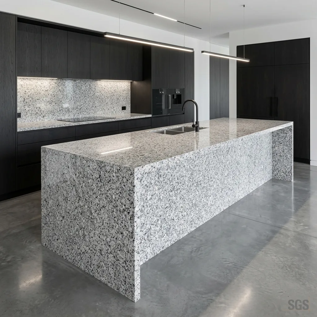 modern kitchen featuring a P White Granite waterfall island countertop with white background and black-grey mineral speckles