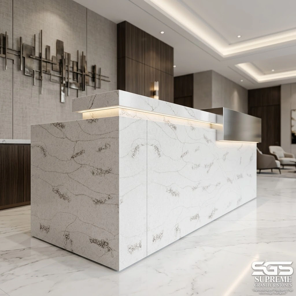 Luxury hotel reception desk crafted from Perlino Royal Quartz with subtle marble-look veining, offering a durable, stain-resistant, and low-maintenance quartz surface for reception counters, hospitality, offices, and commercial interiors.
