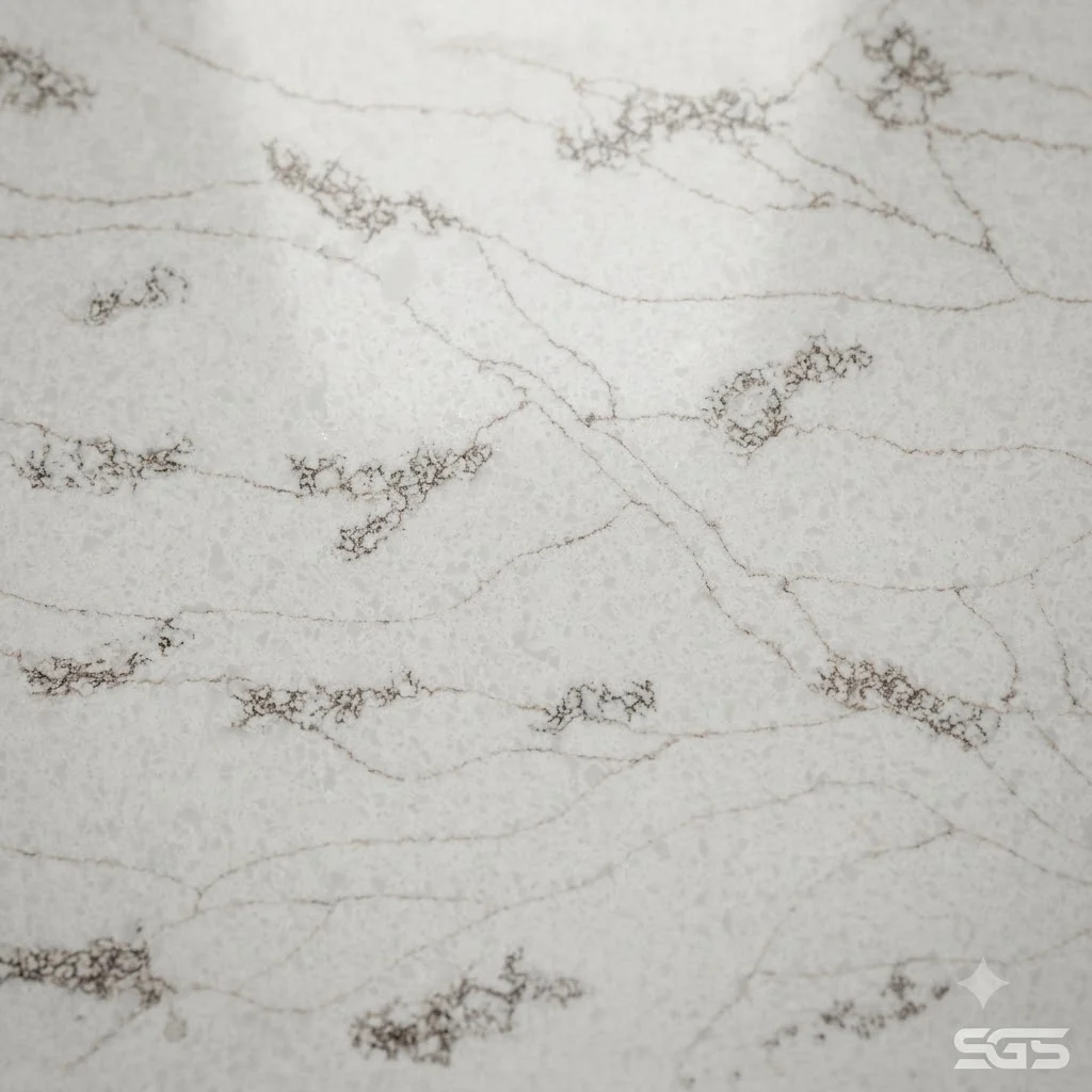 Close-up texture of Perlino Royal Quartz featuring a creamy white engineered quartz surface with soft flowing grey and beige veining inspired by natural marble, suitable for countertops, vanity tops, wall cladding, and interior applications.