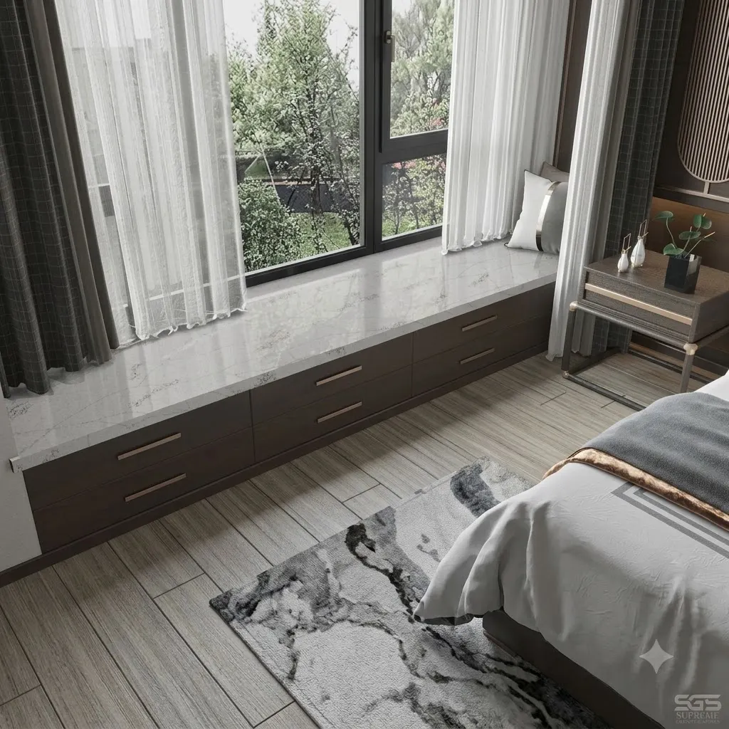 Modern bedroom featuring a Perlino Royal Quartz window sill with elegant white quartz and delicate grey-beige veining, ideal for window ledges, shelves, tabletops, interior accents, and premium residential applications.