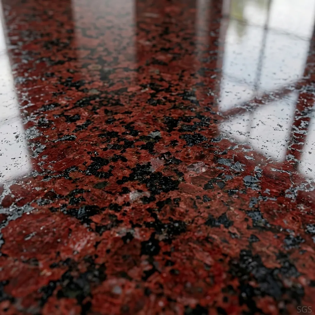 close-up view of polished Red Parpari Granite featuring rich red crystals with black mineral speckles and reflective surface finish