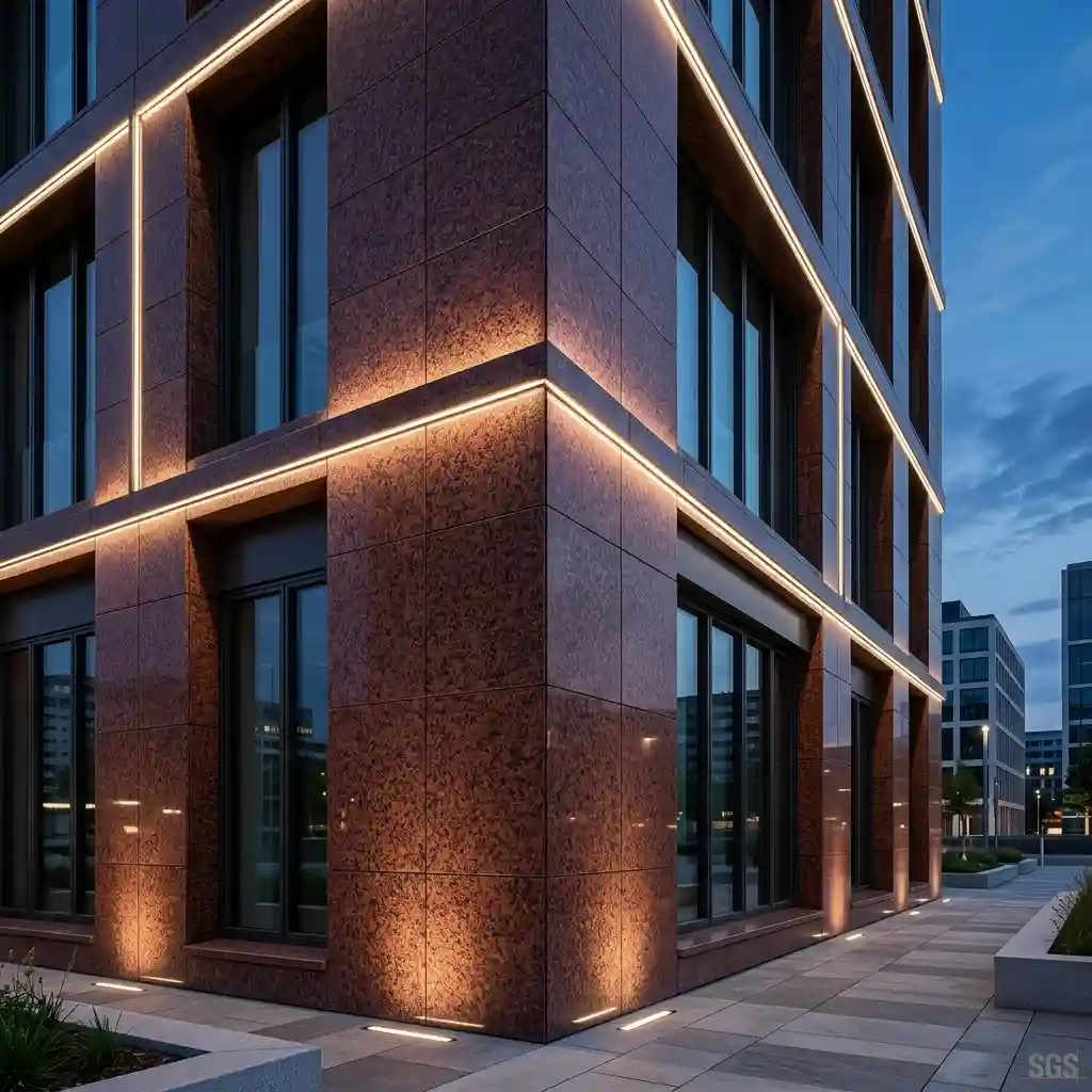 modern commercial building facade clad with Red Parpari Granite panels creating a premium architectural exterior finish
