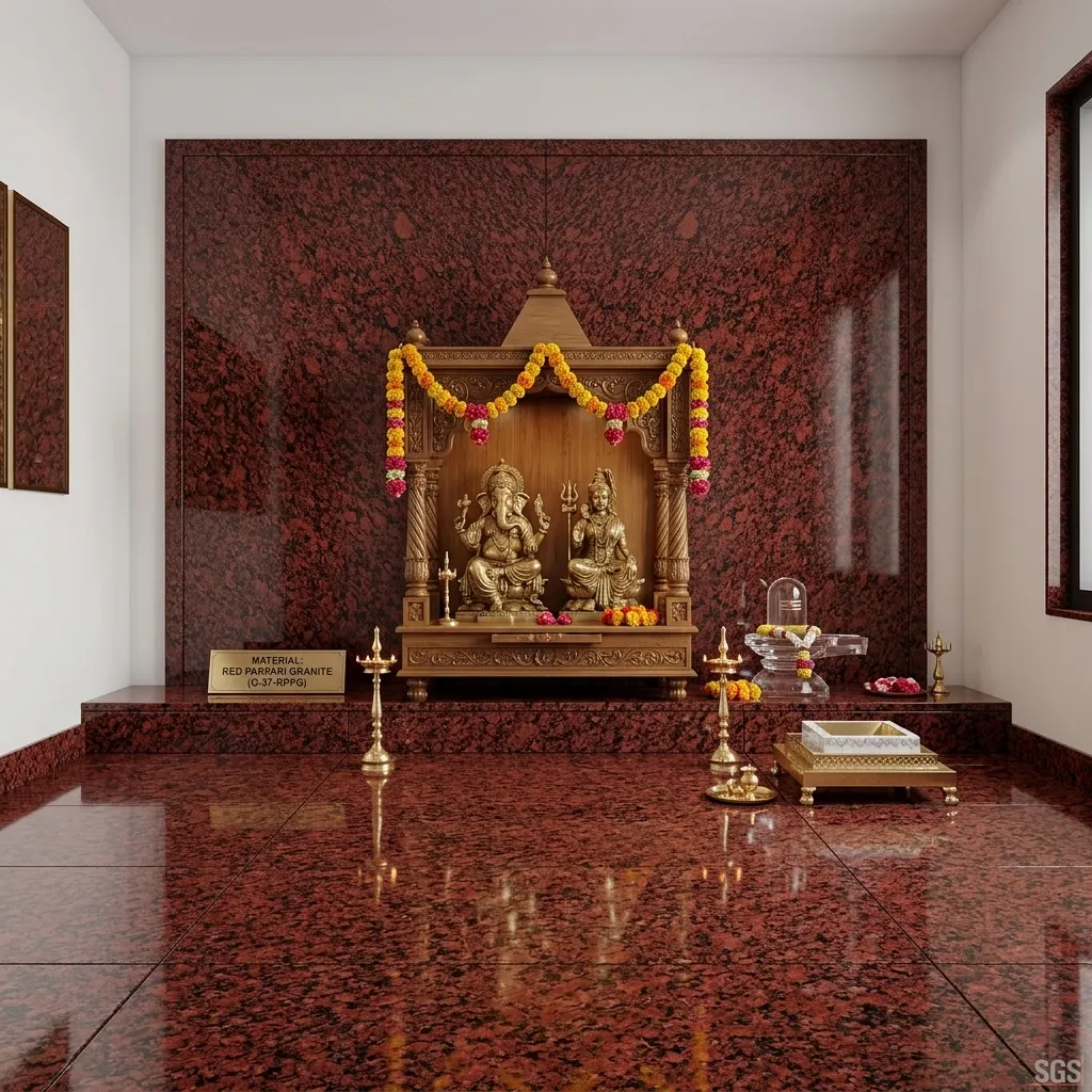 traditional pooja room featuring Red Parpari Granite flooring and wall cladding with polished finish and decorative temple setup