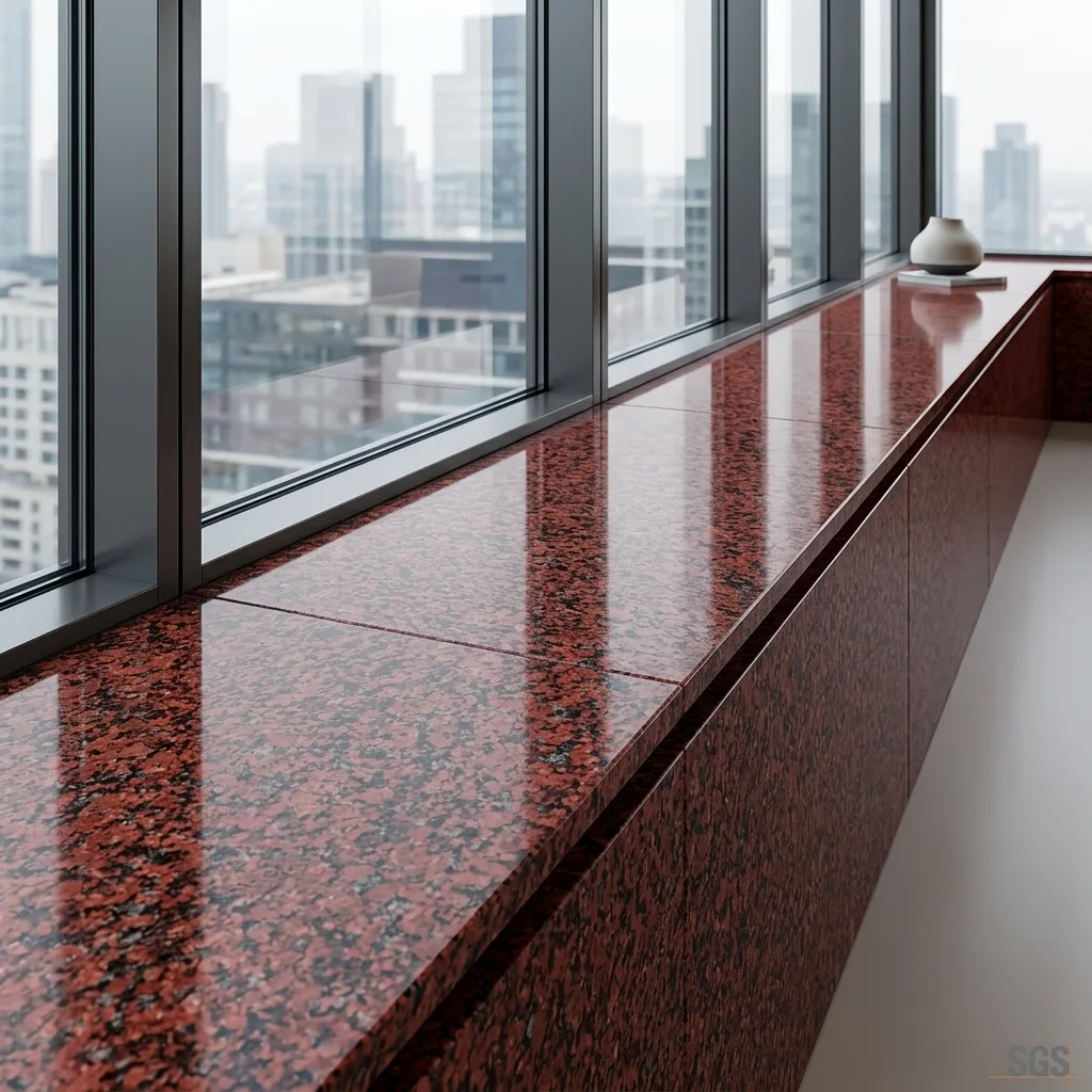 polished Red Parpari Granite window ledges installed beside large windows, showcasing rich red and black mineral patterns with a durable glossy finish
