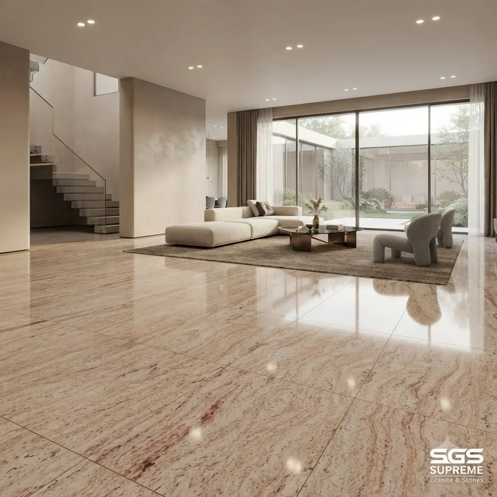 Shiva Gold Granite flooring in a modern living room, featuring warm beige tones and pinkish-brown mineral patterns.