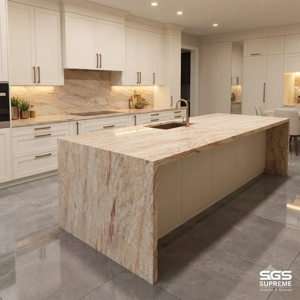 Modern kitchen with a Shiva Gold Granite waterfall island and backsplash in beige with golden and pinkish-brown patterns.