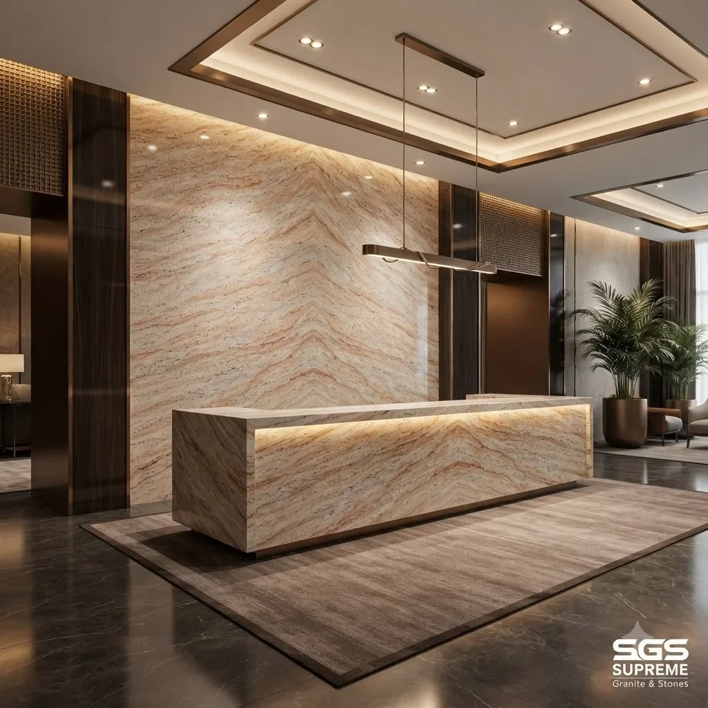 Luxury reception counter and feature wall finished in Shiva Gold Granite, showcasing warm beige tones and pinkish-brown patterns.