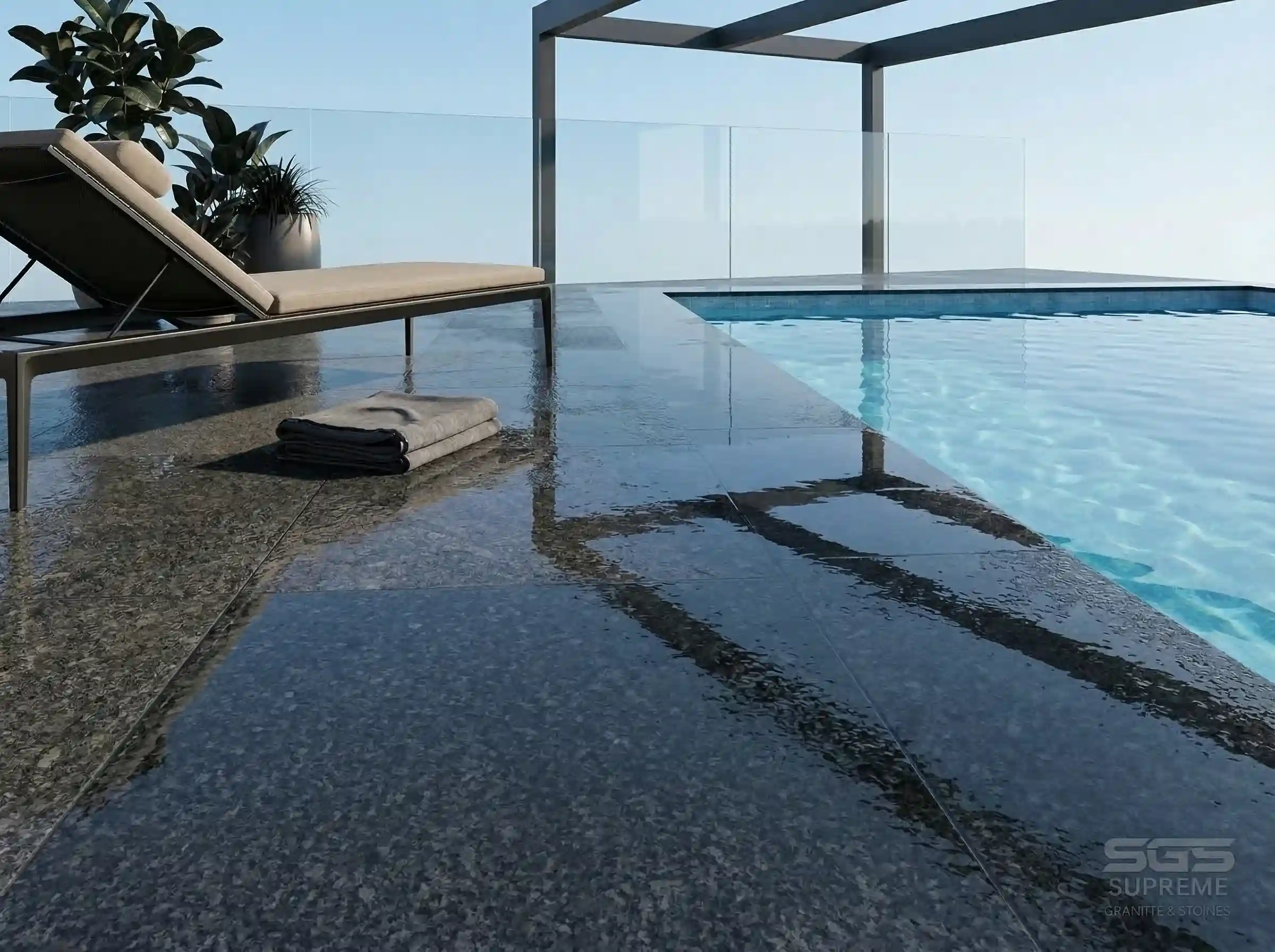 Silver grey granite poolside flooring with anti-skid finish, ideal for wet areas and outdoor luxury spaces