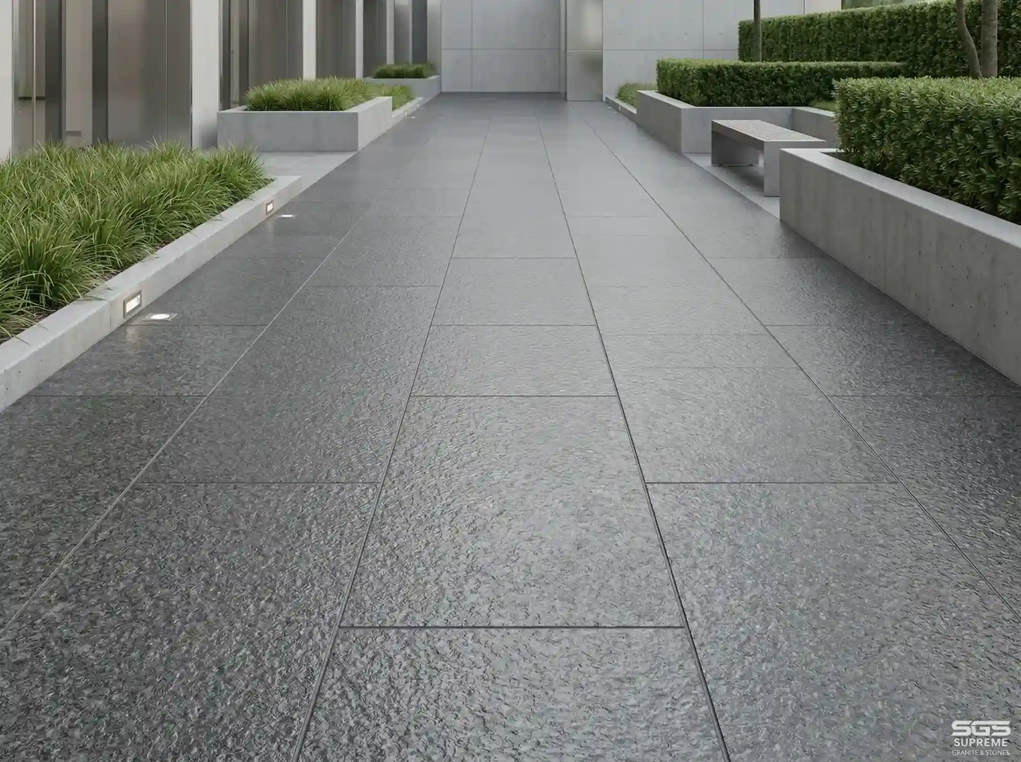 Silver grey granite walkway with laputra finish used in commercial outdoor flooring, non-slip steel grey stone paving