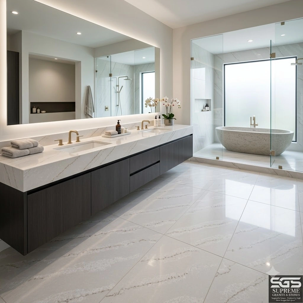 Luxury modern bathroom featuring Simony Quartz vanity countertops, shower walls, and flooring with elegant white quartz and subtle gold-grey veining, designed for premium residential and hospitality interiors.