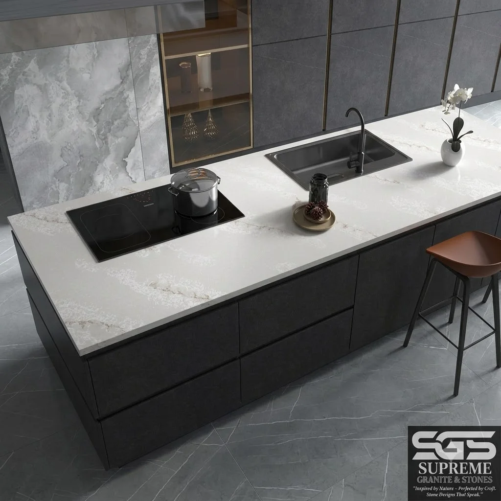 Modern kitchen featuring Simony Quartz countertops and waterfall island with elegant white engineered quartz and subtle gold-grey marble-inspired veining, perfect for contemporary luxury kitchens.