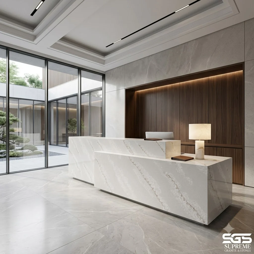 Premium reception counter crafted with Simony Quartz featuring a white engineered quartz surface with soft flowing gold-grey veining, ideal for hotels, offices, clinics, retail spaces, and commercial interiors.